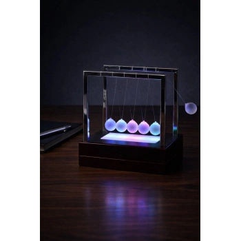 RGB Işıklı Newton Denge Topu – Renkli Şeffaf Denge Topları, Pilli Masaüstü Dekoratif Aksesuar