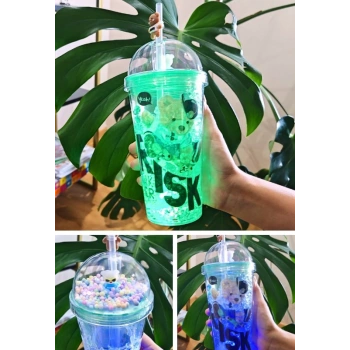 Risk Ayıcık Suluk Pipetli Buzlu Cam Görünümlü Led Işıklı 450 ML Çift Katman Mika 2768 Yeşil