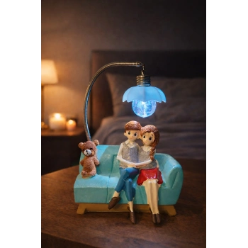 Romantik Çift Figürlü Işıklı Biblo – Genç & Yatak Odası Dekoru - Sevgiliye Hediye, 18 cm Mavi