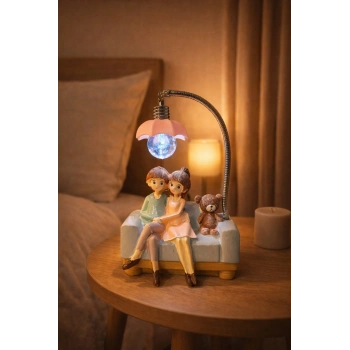 Romantik Çift Figürlü Işıklı Biblo – Genç & Yatak Odası Dekoru - Sevgiliye Hediye, 18 cm Pembe