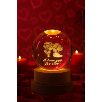 Romantik LED Işıklı Kristal Küre Lamba – I Love You Forever Tasarım – USBli Ahşap Standlı