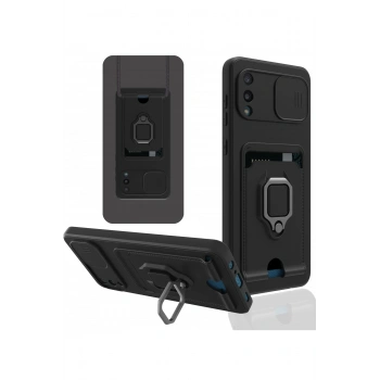 Samsung Galaxy A02 Kılıf Zuma Kartvizitli Yüzüklü Silikon - Siyah