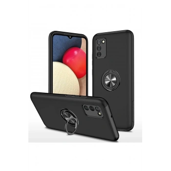 Samsung Galaxy A02S Kılıf Elit Yüzüklü Kapak - Siyah