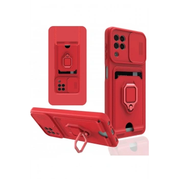 Samsung Galaxy A22 Kılıf Zuma Kartvizitli Yüzüklü Silikon - Kırmızı