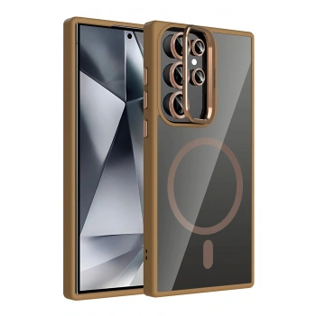 Samsung Galaxy S23 Ultra Remim Lensli Magsafe Standlı Kapak - Kahverengi