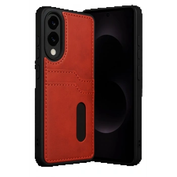 Samsung Galaxy S25 Edge Sara Kartvizitli Deri Kılıf - Kırmızı