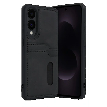 Samsung Galaxy S25 Edge Sara Kartvizitli Deri Kılıf - Siyah