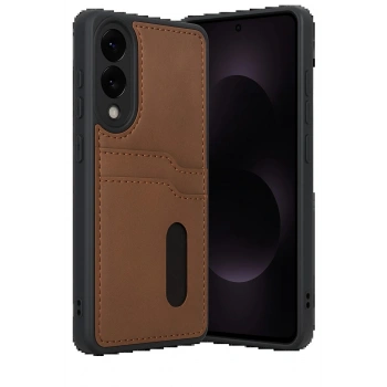 Samsung Galaxy S25 Edge Sara Kartvizitli Deri Kılıf - Taba