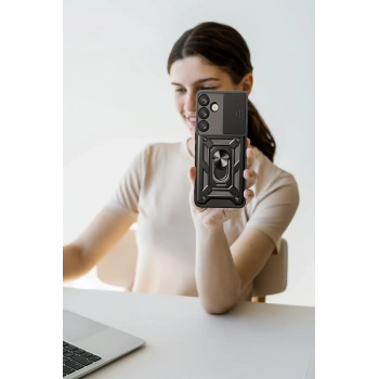 Samsung Galaxy S25 Kılıf Pars Lens Yüzüklü Silikon - Siyah