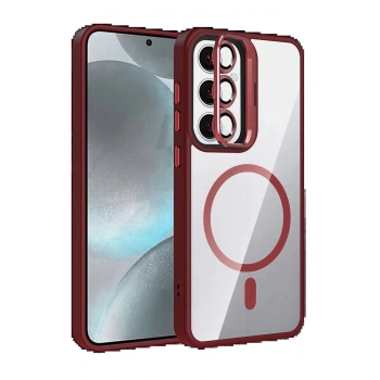 Samsung Galaxy S25 Remim Lensli Magsafe Standlı Kapak - Bordo