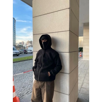 Samuray Ninja Çift Kapşonlu ZIP Fermuarlı Kanguru Çepli Tam Fermuarlı Hoodie  sweatshirt - Siyah