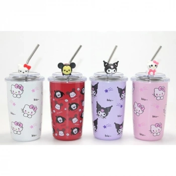 Sanrio Hello Kitty Ve Kuromi Figürlü Isı Muhafazalı Metal Pipetli Çelik Kupa
