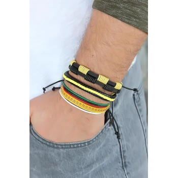 Sarı Renk Zımbalı Deri Erkek Bileklik Kombini - TJ-EB1342