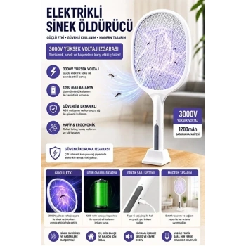 Şarjlı Sinek Öldürücü Sivrisinek Raketi Elektrikli Karasinek Haşere Kovucu Mor Işıklı Sineklik Aleti