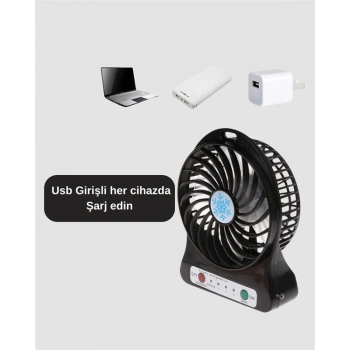 Şarjlı Usb Fan – Masaüstü Mini Vantilatör, Taşınabilir, Işıklı, 3 Kademeli, Sessiz