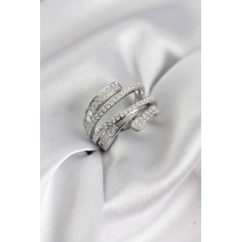 Sarmal Zirkon Baget Taşlı Gümüş Renk Kadın Yüzük - TJ-BYK3929