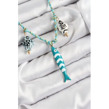 Seramik Motifli Balık Figürlü Model Mavi İp Kadın Kolye - TJ-BKO10396