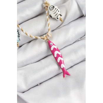 Seramik Motifli Pembe Balık Figürlü Model Krem İp Kadın Kolye - TJ-BKO10398