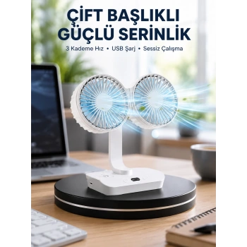 Sessiz Çalışan Usb Şarjlı Çift Kafalı Masaüstü Fan – Ev Ve Ofis İçin