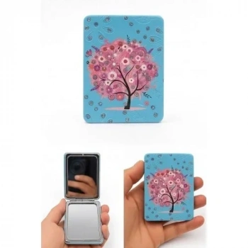 Sevgi Ağacı Tasarımlı Simli Büyüteçli Pratik Mini Cep Çanta Makyaj Aynası Mavi