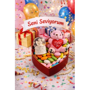 Sevgililer Günü Kalp Kutulu Romantik Hediye Seti – Ayıcıklı & Kar Küresi & Draje Çikolata