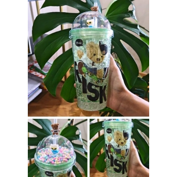 Sevimli Ayıcık Temalı Çift Katman 450 ml Suluk Pipetli Mika Yeşil 2726