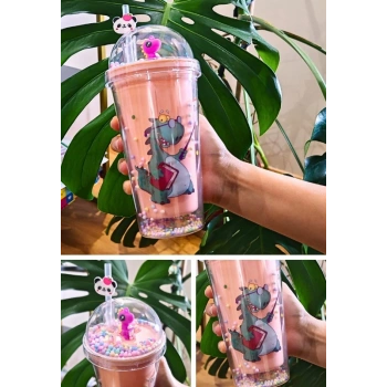 Sevimli Dino Temalı Çift Katman 450 ml Suluk Pipetli Mika Matara Pembe 2769