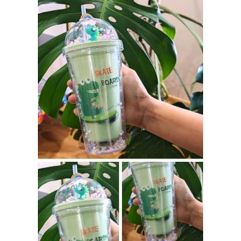 Sevimli Dino Temalı Çift Katman 450 ml Suluk Pipetli Mika Matara Yeşil 2769