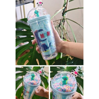 Sevimli Dino Temalı Çift Katman 450 ml Suluk Pipetli Mika Mavi 2769
