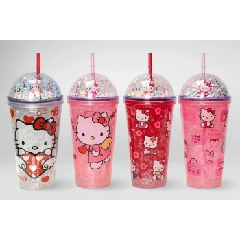 Sevimli Hello Kitty Işıklı Pipetli Boncuklu Suluk & Bardak 400 Ml Alk3145