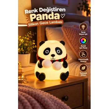 Sevimli Panda Silikon Gece Lambası Renkli Işık Modu Dokunmatik Kontrollü Aydınlatma
