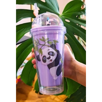 Sevimli Panda Temalı Çift Katman 450 ml Suluk Pipetli Mika Matara Mor 2770