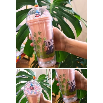 Sevimli Panda Temalı Çift Katman 450 ml Suluk Pipetli Mika Matara Pembe 2770