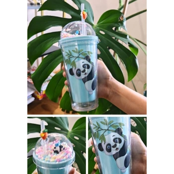 Sevimli Panda Temalı Çift Katman 450ml Suluk Pipetli Mika Matara Mavi 2770