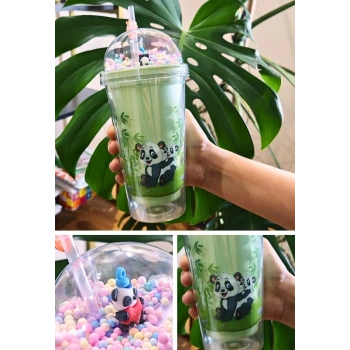 Sevimli Panda Temalı Çift Katman 450ml Suluk Pipetli Mika Matara Yeşil 2770