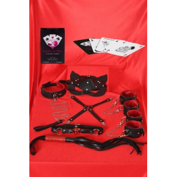 Sexy Görselli Oyun Kartı Kama Sutra 7li Kırmızı Siyah Harness Set