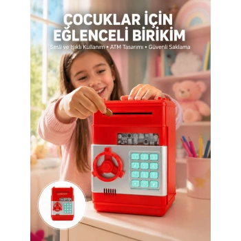 Şifreli Kırmızı Atm Tasarımlı Çelik Kasa Görünümlü Kumbara
