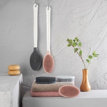 Silikon Masajlı Uzun Saplı Vücut Masaj Fırçası Banyo Sırt Kesesi Saplı Yumuşak Fırça (4887)
