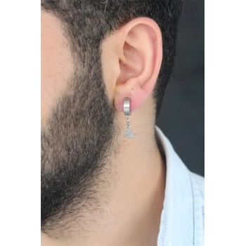 Silver Renk Kaplama Osmanlı Tuğra Figürlü Kıstırmalı Çelik Erkek Küpe - TJ-EKP117