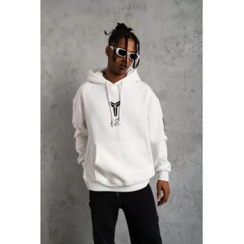 Sırt Baskılı Kapüşonlu Üç İplik Oversize Sweatshirt - Beyaz