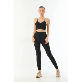 Siyah  3921 Soft Seamless Ripli Tayt Yoga Takımı