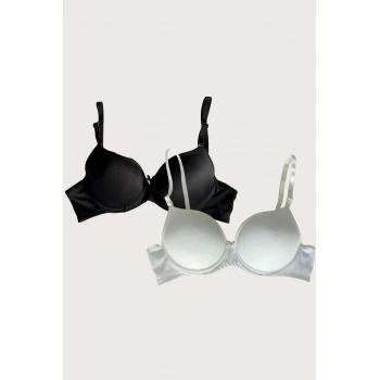 Siyah-beyaz 2li Mikro Kumaş Push Up Dolgulu Balenli Günlük Destekli Sütyen