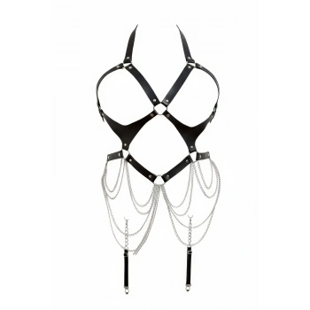 Siyah Body Harness Suni Deri Zincir Detaylı Vücut Aksesuarı - Brf1161