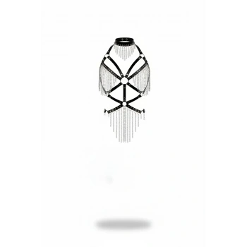 Siyah Body Harness Zincir Detaylı Choker Yaka - Brf1080