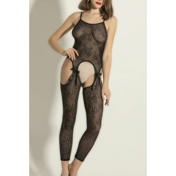 Siyah Çiçek Desenli Transparan Vücut Çorabı,Seksi Uzun Tulum Fantazi İç Giyim