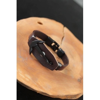 Siyah Deniz Çapalı Çelik Aksesuarlı Kahverengi Deri Erkek Bileklik - TJ-EB2537-KS