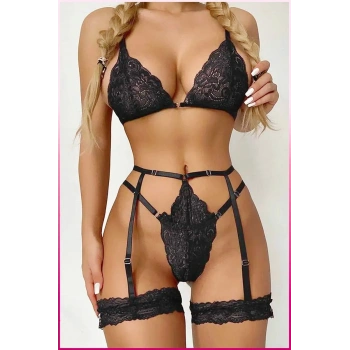 Siyah Göğüs Dantelli Seksi Jartiyer Takım