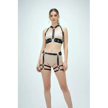 Siyah Harness Takım Deri Zımba Detaylı Vücut Aksesuarı - Brf1016