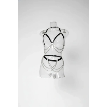 Siyah Harness Takım Zincir Detaylı Metal Halka Aksesuar - Brf1195