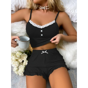 Siyah Likralı Düğmeli Yumuşacık 2li Pijama Takımı